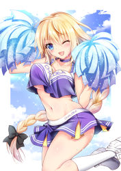 Rule 34 | 1girl, ;d, ahoge, arm up, bare shoulders, black ribbon, blonde hair, blue eyes, blue sky, blush, bouncing breasts, braid, breasts, cheerleader, choker, clothes writing, cloud, collarbone, commentary request, crop top, crop top overhang, day, fate (series), geko, hair ribbon, heart, holding, jeanne d&#039;arc (fate), jeanne d&#039;arc (ruler) (fate), jumping, kneeling, long hair, looking at viewer, low-tied long hair, medium breasts, miniskirt, navel, no bra, one eye closed, open mouth, outdoors, outside border, pom pom (cheerleading), purple choker, purple skirt, ribbon, shoes, single braid, skirt, sky, sleeveless, smile, solo, sparkle, stomach, sweat, thighs, unaligned breasts, underboob, very long hair, white footwear, white legwear