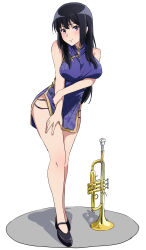 Rule 34 | 1girl, arm under breasts, bare shoulders, black hair, breasts, china dress, chinese clothes, closed mouth, dress, full body, gold trim, hatenoga, hibike! euphonium, high heels, highres, instrument, kousaka reina, looking at viewer, medium breasts, short dress, simple background, solo, thighs, trumpet, white background