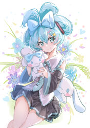 Rule 34 | 1girl, black sleeves, blue bow, blue eyes, blue hair, blue necktie, bow, cinnamiku, cinnamoroll, closed mouth, collared shirt, commentary, detached sleeves, fortissimo, frilled shirt collar, frills, hair between eyes, hair bow, hair ornament, hatsune miku, highres, holding, miniskirt, musical note, musical note hair ornament, necktie, pleated skirt, sanrio, scarlet dango, shirt, sitting, skirt, sleeveless, sleeveless shirt, smile, star (symbol), star hair ornament, symbol-only commentary, tie clip, vocaloid, white shirt