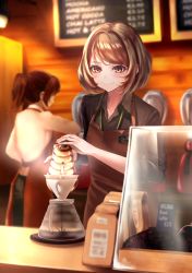 Rule 34 | 2girls, apron, bad id, bad pixiv id, blurry, blurry background, blush, brown hair, coffee, counter, cup, display case, highres, indoors, multiple girls, neconel, original, ponytail, pouring, short hair, sign, smile, solo focus
