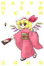 Rule 34 | 00s, 1girl, 2009, bad id, bad pixiv id, blonde hair, female focus, flandre scarlet, hanetsuki, hat, japanese clothes, kimono, marugoshi (54burger), new year, one side up, ponytail, red eyes, short hair, side ponytail, solo, touhou, wings