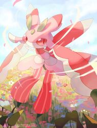 Rule 34 | artist name, blue sky, closed mouth, colored skin, commentary request, creatures (company), field, flower, flower field, game freak, gen 7 pokemon, highres, lurantis, nintendo, no humans, on grass, outdoors, pink skin, pokemon, pokemon (creature), red eyes, rongai28, sky, slit pupils, standing, twitter username, wind