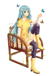 Rule 34 | 1girl, aaa luna, blue eyes, blue hair, boots, borrowed character, bug, butterfly, full body, hair ornament, hairclip, insect, long hair, matching hair/eyes, original, rosuuri, rubber boots, simple background, sitting, solo, thighhighs, very long hair, watermark, web address, white background