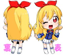 Rule 34 | 1girl, :d, aikatsu!, aikatsu! (series), akitsuki itsuki, blonde hair, boots, bow, bow hairband, bright pupils, chibi, hair bow, hairband, holding, holding spoon, hoshimiya ichigo, long hair, looking at viewer, miniskirt, multiple views, one eye closed, open mouth, pleated skirt, red bow, red eyes, red hairband, simple background, skirt, smile, spoon, very long hair, white background, white footwear, white pupils, white skirt, wooden spoon