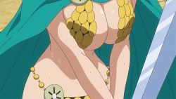 Rule 34 | 1girl, animated, animated gif, armor, bikini armor, breasts, cleavage, heavy breathing, large breasts, one piece, pink hair, rebecca (one piece), screencap, solo, sweat, wide hips