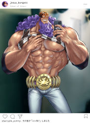 Rule 34 | 1boy, abs, arm hair, bare shoulders, beard, belt, cellphone, commentary request, denim, elbow pads, eye mask, facial hair, flashing, grin, hands up, highres, holding, holding phone, jeans, jesus burgess, large pectorals, lifted by self, long hair, looking at object, looking at phone, male focus, mask, mature male, muscular, muscular male, nipples, one piece, pants, pectorals, phone, photo (object), purple hair, selfie, shirt, sleeveless, sleeveless shirt, small head, smartphone, smile, solo, stomach, taking picture, user interface, veins, veiny arms, wrestling mask, youkan (tako)