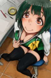 Rule 34 | 1girl, :&gt;, blush, bra, breasts, calendar (object), cleavage, clothes pull, downblouse, green hair, highres, idolmaster, idolmaster (classic), looking at viewer, medium breasts, mole, mole under mouth, office, office lady, otonashi kotori, pen, pencil skirt, phone, red eyes, shirt pull, short hair, skirt, snot, solo, tears, thighhighs, toro3, underwear, zettai ryouiki