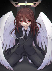 Rule 34 | 1boy, 1girl, amputee, androgynous, angel, angel devil (chainsaw man), angel wings, black jacket, black necktie, black pants, black suit, buttons, chain, chainsaw man, closed mouth, collared shirt, double amputee, feathered wings, formal, frown, full body, glowing, glowing eyes, hair between eyes, halo, head out of frame, highres, jacket, knees apart feet together, large wings, leftporygon, long hair, long sleeves, makima (chainsaw man), necktie, pants, red eyes, red hair, shirt, solo focus, squatting, standing, straight-on, suit, suit jacket, white footwear, white shirt, white wings, wings, yellow halo