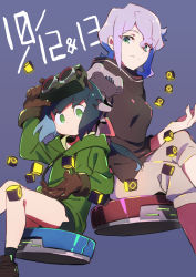 Rule 34 | 2girls, absurdres, black legwear, black shorts, blue hair, brown footwear, brown gloves, brown sweater, closed mouth, commentary request, constanze amalie von braunschbank-albrechtsberger, croix meridies, crossed legs, dated, gloves, goggles, goggles on head, green eyes, green hoodie, highres, hood, hoodie, light purple hair, little witch academia, long hair, long sleeves, looking at viewer, multiple girls, ponytail, purple background, robotic vacuum cleaner, shoes, shorts, simple background, sitting, smile, socks, sweater, tama (tama-s)