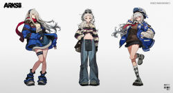 Rule 34 | 3girls, absurdres, arknights, bag, blue coat, coat, eyewear on head, feather hair ornament, feathers, full body, grey hair, hachisan, hair ornament, hat, highres, irene (arknights), long hair, looking at viewer, miniskirt, multiple girls, navel, ponytail, red eyes, red scarf, red tie, scar, scar on face, scarf, school uniform, shirt, skadi (arknights), skirt, specter (arknights), specter the unchained (arknights), sunglasses, thigh strap, v