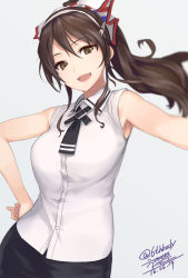 Rule 34 | 10s, 1girl, alternate costume, alternate hairstyle, ashigara (kancolle), bare arms, brown eyes, brown hair, commentary request, dated, fang, grey background, hairband, hand on own hip, kantai collection, long hair, open mouth, ponytail, rokuwata tomoe, shirt, signature, simple background, sleeveless, sleeveless shirt, smile, solo, twitter username
