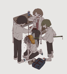 Rule 34 | 4boys, :d, absurdres, avogado6, bag, black pants, brown hair, bullying, can, chair, commentary request, crying, desk, closed eyes, highres, holding, mop, multiple boys, open mouth, original, pants, pouring, red shirt, school bag, school uniform, shirt, shoe dangle, shoes, simple background, sitting, smile, socks, standing, tears, white background, white legwear, white shirt