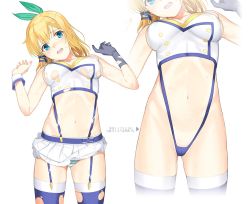 Rule 34 | 10s, 1girl, arms up, arrow (symbol), bare shoulders, black gloves, blonde hair, blue eyes, blue thighhighs, blush, breasts, cameltoe, collarbone, commentary request, embarrassed, garter straps, gloves, green ribbon, hair ribbon, head out of frame, head tilt, highleg, highleg panties, highres, leaning forward, long hair, looking at viewer, medium breasts, medium hair, mibu natsuki, miniskirt, multiple views, navel, nose blush, panties, pleated skirt, revealing clothes, ribbon, rokudenashi majutsu koushi to akashic record, round teeth, rumia tingel, simple background, single glove, skirt, stomach, striped clothes, striped panties, sweat, tareme, teeth, thighhighs, torn clothes, torn legwear, translation request, underboob, underwear, upskirt, white background, white skirt, wrist cuffs