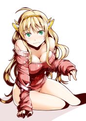 Rule 34 | 1girl, bare shoulders, bottomless, breasts, cleavage, green eyes, hair ornament, kaku-san-sei million arthur, kyo9999, large breasts, long hair, looking at viewer, million arthur (series), off-shoulder, off-shoulder sweater, off shoulder, sitting, solo, sweater, tears, transparent background