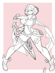 Rule 34 | 1girl, absurdres, aegis sword (xenoblade), breasts, chest jewel, earrings, fingerless gloves, gan-metal, gem, gloves, headpiece, highres, jewelry, large breasts, monochrome, pyra (xenoblade), short hair, short shorts, shorts, signature, solo, swept bangs, sword, tiara, weapon, xenoblade chronicles (series), xenoblade chronicles 2