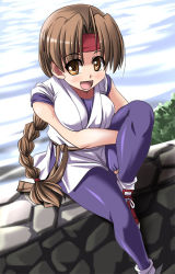 Rule 34 | 1girl, blush, braid, breasts, brown eyes, brown hair, commentary request, dougi, fingerless gloves, gloves, headband, large breasts, long hair, looking at viewer, open mouth, shoes, single braid, smile, sneakers, snk, socks, solo, spandex, the king of fighters, tonpuu, very long hair, yuri sakazaki