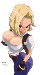 Rule 34 | 1girl, 2017, alternate breast size, android 18, artist name, ass, bangle, bead necklace, beads, belt, blonde hair, blue eyes, bracelet, breasts, cleavage, dated, denim, dragon ball, dragonball z, earrings, from above, gloves, grabbing own breast, hoop earrings, jeans, jewelry, kozu kue, large breasts, necklace, pants, shirt, short hair, short sleeves, simple background, skin tight, solo, vest, white background, white shirt