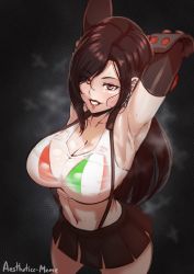 Rule 34 | 1girl, aestheticc-meme, armpits, artist name, bikini, bikini under clothes, black hair, black skirt, breasts, cleavage, crop top, female focus, final fantasy, final fantasy vii, final fantasy vii remake, flag print, grin, highres, italian flag, italian senate porn livestream (meme), italian senate porn livestream (meme), large breasts, long hair, looking at viewer, low-tied long hair, meme, navel, overalls, red eyes, see-through, shiny skin, shirt, skirt, smile, solo, square enix, standing, suspender skirt, suspenders, sweat, swimsuit, tank top, taut clothes, taut shirt, tifa lockhart, wet, wet clothes, wet shirt, white tank top