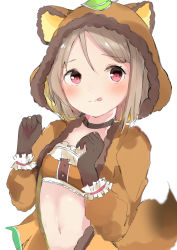 Rule 34 | 1girl, :p, absurdres, animal ears, animal hood, artist name, artist request, bandeau, black gloves, blush, bow, breasts, brown gloves, brown hair, brown hoodie, brown jacket, buttons, choker, clenched hands, collarbone, exciting animal (love live!), female focus, frill trim, frilled bandeau, frilled cuffs, frilled sleeves, frills, fur-trimmed jacket, fur jacket, fur trim, gloves, green bow, green choker, green ribbon, grey hair, hair ornament, heart, heart (symbol), heart print, highres, hood, hood up, hooded jacket, hoodie, jacket, leaf hair ornament, leaf print, light brown hair, long sleeves, looking at viewer, love live!, love live! nijigasaki high school idol club, love live! school idol festival, love live! school idol festival all stars, nakasu kasumi, neck ribbon, orange bandeau, parted lips, pink bow, pink eyes, puffy long sleeves, puffy sleeves, purple eyes, raccoon costume, raccoon ears, raccoon hood, raccoon tail, ribbon, ribbon trim, short hair, small breasts, smile, solo, tail, tongue, tongue out, upper body, white background, white wrist cuffs, wrist cuffs