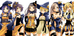 Rule 34 | 6+girls, alternate costume, apron, asymmetrical hair, black-framed eyewear, black bow, black bowtie, black dress, black gloves, black hair, black headwear, black legwear, black leotard, black necktie, black skirt, blonde hair, blossom (ragnarok online), bow, bowtie, breasts, brooch, brown dress, brown eyes, brown hair, brown shirt, choker, cleavage, cleavage cutout, closed mouth, clothing cutout, collared shirt, column lineup, commentary request, cowboy shot, crescent, crescent pin, cross-laced clothes, cross-laced top, curly sue, dress, elbow gloves, fingerless gloves, fishnets, frilled apron, frills, gem, glasses, gloves, green eyes, hair bow, halloween, hat, high ponytail, horns, jack-o&#039;-lantern hat ornament, jasmine (ragnarok online), jewelry, juliet sleeves, kiri nada, leilah (ragnarok online), leotard, long hair, long sleeves, looking at viewer, maid apron, medium breasts, medium hair, miniskirt, multiple girls, necktie, open mouth, orange apron, pavianne (ragnarok online), pleated skirt, ponytail, puffy short sleeves, puffy sleeves, purple hair, ragnarok online, roxie (ragnarok online), shirt, short dress, short hair, short sleeves, simple background, skirt, smile, strapless, strapless dress, strapless shirt, thighhighs, twintails, white background, witch, witch hat, yellow eyes