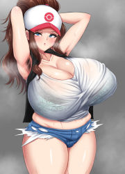 Rule 34 | 1girl, 2000mitrasi, :o, absurdres, armpit hair, armpits, arms behind head, arms up, baseball cap, black vest, blue eyes, blue shorts, blush, bra, breasts, brown hair, cleavage, collarbone, creatures (company), cutoffs, denim, denim shorts, eyebrows, eyelashes, female focus, floral print, game freak, grey background, hat, high ponytail, highres, hilda (pokemon), huge breasts, long hair, looking at viewer, nintendo, parted lips, pokemon, pokemon bw, ponytail, see-through, shiny skin, shirt, shorts, sidelocks, simple background, sleeveless, solo, standing, steaming body, sweat, thick thighs, thighs, underwear, vest, wet, wet clothes, wet shirt, white shirt
