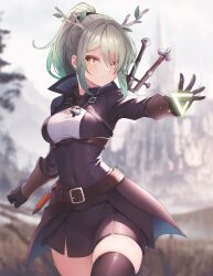 Rule 34 | 1girl, belt, black gloves, black skirt, blurry, blurry background, breasts, ceres fauna, closed mouth, commentary, covered navel, earrings, english commentary, frown, gloves, green hair, highres, hololive, hololive english, horns, jewelry, long hair, long sleeves, magic, medium breasts, miniskirt, mole, mole under eye, outdoors, ponytail, signature, sk jynx, skirt, solo, sword, thighhighs, weapon, weapon on back, yellow eyes, zettai ryouiki