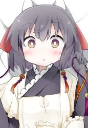 Rule 34 | black gloves, black hair, black kimono, blush, bow, brown eyes, character request, commentary request, cropped torso, dash b, elbow gloves, gloves, gradient eyes, hair between eyes, hair bow, hair ornament, hand up, japanese clothes, kimono, kirara fantasia, long sleeves, looking at viewer, lying, multicolored eyes, on back, red bow, short hair, solo, upper body, white bow