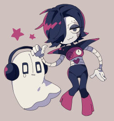 Rule 34 | 1boy, 1other, :3, androgynous, android, arm at side, black eyes, black eyeshadow, black hair, black headphones, black pants, bright pupils, brown background, chibi, closed mouth, colored skin, cousins, eyeshadow, full body, ghost, gloves, hair over one eye, headphones, highres, makeup, mechanical arms, mettaton, mettaton ex, napstablook, nikorashi-ka, pants, pink footwear, pointing, pointing at self, short hair, star (symbol), tearing up, undertale, white gloves, white pupils, white skin