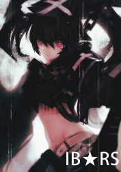 Rule 34 | 1girl, bad id, bad pixiv id, belt, black hair, black rock shooter, bow, character name, copyright name, crop top, from side, hair bow, highres, insane black rock shooter, lingxing, long hair, midriff, navel, red eyes, scar, solo, standing, stomach