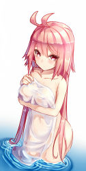 Rule 34 | 1girl, antenna hair, breasts, collarbone, covering privates, covering breasts, dev (dev0614), highres, large breasts, long hair, nude, original, pink eyes, pink hair, see-through, solo, towel, very long hair, wading, water, wet