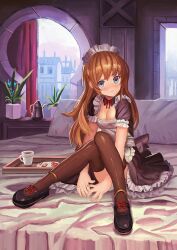 Rule 34 | 1girl, ame sagari, apron, back bow, black collar, black dress, black footwear, black sleeves, black thighhighs, blue eyes, blush, bow, bowtie, breasts, brown hair, chopsticks, circle skirt, cleavage, coffee, collar, commentary request, cup, curtains, day, detached collar, dress, fingernails, food, footwear bow, frilled apron, frilled dress, frilled sleeves, frills, full body, hair ribbon, highres, knees up, large breasts, long hair, looking at viewer, loungewear, maid, maid headdress, mug, on bed, original, parted lips, pillow, plant, potted plant, puffy short sleeves, puffy sleeves, raised eyebrows, red bow, red bowtie, red ribbon, ribbon, romaji commentary, scenery, shoes, short dress, short sleeves, sitting, solo, teapot, thighhighs, town, tray, very long hair, white apron, white headdress