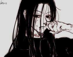 Rule 34 | 1boy, black hair, blood, blood on face, expressionless, greyscale, hair between eyes, hand up, hichi(hichi), hunter x hunter, illumi zoldyck, long hair, looking at viewer, male focus, monochrome, nosebleed, solo