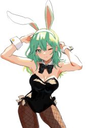 Rule 34 | 1girl, alternate costume, animal ears, armpits, bare shoulders, black bow, black bowtie, black leotard, bow, bowtie, breasts, brown pantyhose, byleth (female) (fire emblem), byleth (fire emblem), cleavage, closed mouth, commentary request, detached collar, enlightened byleth (female), fake animal ears, fire emblem, fire emblem: three houses, fishnet pantyhose, fishnets, green eyes, green hair, hair between eyes, highres, large breasts, leotard, long hair, nintendo, one eye closed, pantyhose, playboy bunny, rabbit ears, simple background, solo, strapless, strapless leotard, white background, yuurururun