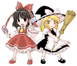 Rule 34 | 2girls, apron, aro s, ascot, between fingers, black eyes, black footwear, black hair, black hat, black skirt, black vest, blonde hair, blush, bow, broom, chibi, detached sleeves, dual wielding, female focus, fighting stance, frilled apron, frilled skirt, frills, full body, hair bow, hair tubes, hakurei reimu, hat, hat bow, hat ribbon, holding, holding broom, kirisame marisa, legs apart, long hair, looking at viewer, mary janes, multiple girls, ofuda, ofuda between fingers, outstretched arms, puffy short sleeves, puffy sleeves, red bow, red footwear, red ribbon, red skirt, ribbon, ribbon-trimmed sleeves, ribbon trim, shimakusa arou, shirt, shoes, short hair, short sleeves, simple background, skirt, socks, standing, swept bangs, touhou, vest, waist apron, white apron, white background, white bow, white legwear, white ribbon, white shirt, witch hat, yellow eyes