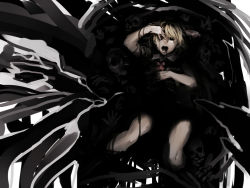 Rule 34 | 1girl, arm up, black dress, black sclera, blonde hair, blood, blood in mouth, bloody tears, colored sclera, commentary request, darkness, dress, hair ribbon, highres, melon22, open mouth, ribbon, rumia, skull, touhou
