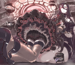 Rule 34 | 10s, 2girls, abyssal ship, alternate legwear, battleship princess, black dress, black hair, bloomers, bonnet, breasts, cleavage, collar, dress, frills, gathers, glowing, glowing eyes, gothic lolita, horns, hug, isolated island oni, kantai collection, kneeling, large breasts, lolita fashion, long hair, looking at viewer, looking back, multiple girls, pale skin, personification, petticoat, red eyes, shimetta seiya, short dress, skin-covered horns, thick thighs, thighhighs, thighs, underwear, zettai ryouiki
