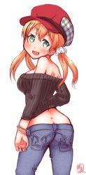 Rule 34 | 1girl, alternate costume, ass, beret, black sweater, blonde hair, blue pants, butt crack, commentary request, cowboy shot, dated, denim, dimples of venus, from behind, green eyes, hat, highres, jeans, kanon (kurogane knights), kantai collection, logo, looking at viewer, looking back, pants, prinz eugen (kancolle), ribbed sweater, simple background, solo, sweater, twintails, white background