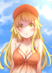 Rule 34 | 1girl, absurdres, bang dream!, bare arms, bare shoulders, baseball cap, blonde hair, blunt bangs, blush, breasts, check commentary, chestnut mouth, cleavage, collarbone, commentary request, day, frilled shirt, frills, halterneck, hat, highres, hitotsuki no yagi, long hair, looking at viewer, medium breasts, orange hat, orange shirt, outdoors, parted lips, shade, shirt, sidelocks, sleeveless, sleeveless shirt, solo, sunlight, teeth, tsurumaki kokoro, upper body, upper teeth only, yellow eyes