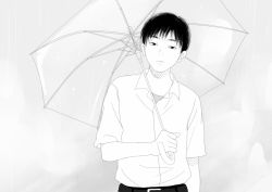 Rule 34 | 1boy, black hair, facing viewer, grey background, greyscale, holding, holding umbrella, looking at viewer, male focus, monochrome, original, rain, re:i, shirt, solo, umbrella, upper body, white shirt