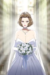Rule 34 | 1girl, alternate costume, artist name, bare shoulders, blurry, blurry background, blush, bouquet, breasts, brown eyes, brown hair, choker, cleavage, closed mouth, collarbone, commentary, cowboy shot, dress, elbow gloves, english commentary, facing viewer, fire emblem, fire emblem: three houses, flower, gem, gloves, highres, holding, holding bouquet, huge breasts, indoors, jewelry, large breasts, lipstick, looking at viewer, makeup, manuela casagranda, mole, mole under eye, necklace, nintendo, pink lips, r3dfive, red lips, short hair, smile, solo, standing, strapless, strapless dress, wedding dress, white choker, white dress, white flower