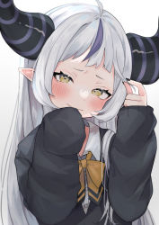Rule 34 | 1girl, absurdres, ahoge, alternate hairstyle, black nails, blush, grey hair, highres, hololive, horns, la+ darknesss, looking at viewer, nail polish, neck ribbon, nemuta muu, pointy ears, purple nails, ribbon, simple background, sleeves past wrists, solo, virtual youtuber, white background