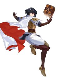 Rule 34 | 1girl, alternate costume, armor, belt, black eyes, black hair, boots, cape, ekao, elbow gloves, feather trim, fire emblem, fire emblem: thracia 776, fire emblem heroes, full body, gloves, hair ornament, highres, lips, nintendo, official art, olwen (fire emblem), pants, puffy sleeves, red lips, short hair, shoulder armor, skin tight, solo, striped, thigh boots, thigh gap, thighhighs, transparent background, vertical stripes, white pants