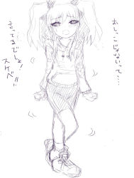 Rule 34 | 1girl, arms at sides, bike shorts, blush, clenched hands, crossed legs, drawstring, embarrassed, female focus, flat chest, full body, hair ribbon, half-closed eyes, have to pee, heel up, hood, hoodie, japanese text, jpeg artifacts, long sleeves, looking at viewer, monochrome, open mouth, original, rashin, ribbon, shoes, short hair, simple background, sketch, socks, solo, standing, sweat, sweater, talking, text focus, translation request, twintails, white background