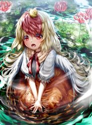 Rule 34 | 1girl, animal, animal on head, bird, bird on head, blonde hair, chick, feathers, flower, grass, highres, long hair, looking at viewer, multicolored hair, niwatari kutaka, on head, open mouth, outdoors, partially submerged, puffy short sleeves, puffy sleeves, red eyes, red hair, ryosios, short sleeves, sitting, skirt, solo, touhou, v arms, wariza, water, wily beast and weakest creature