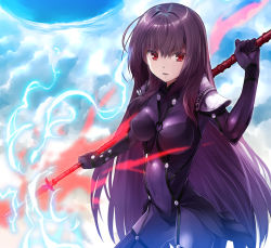 Rule 34 | 1girl, bodysuit, breasts, breasts apart, covered navel, cowboy shot, fate/grand order, fate (series), hair between eyes, holding, holding weapon, long hair, medium breasts, open mouth, polearm, purple hair, red eyes, scathach (fate), scathach (fate), solo, spear, standing, very long hair, weapon, yone