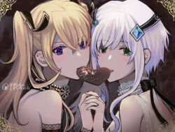 Rule 34 | 2girls, bare back, bare shoulders, black ribbon, black sleeves, blonde hair, candy, chocolate, chocolate heart, choker, commentary request, crossed bangs, detached sleeves, face-to-face, food, food in mouth, frilled choker, frills, gem, gem hair ornament, green eyes, hair between eyes, hair ornament, hair over one eye, hair over shoulder, head tilt, heart, holding hands, jewelry, long hair, looking at viewer, maou gakuin no futekigousha, medium hair, misha necron, multiple girls, nail polish, necklace, open mouth, pearl necklace, pink nails, presenting, purple eyes, red background, red nails, ribbon, sabasushi, sasha necron, short hair with long locks, siblings, sidelocks, sisters, sleeveless, swept bangs, teeth, twintails, valentine, white choker, white hair