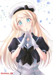Rule 34 | 1girl, black jacket, black neckerchief, blonde hair, blue eyes, blue sailor collar, cropped jacket, dress, gloves, hat, highres, jacket, jervis (kancolle), kantai collection, looking at viewer, neckerchief, one-hour drawing challenge, sailor collar, sailor dress, sailor hat, short sleeves, solo, tsukasa (tukasa br), twitter username, upper body, white background, white dress, white gloves, white hat