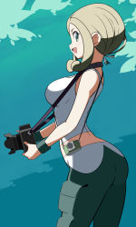 Rule 34 | 1girl, :d, arched back, blonde hair, breasts, camera, commentary request, cowboy shot, creatures (company), eyelashes, game freak, green eyes, green pants, green wristband, highres, holding, holding camera, looking at viewer, looking to the side, medium breasts, nintendo, open mouth, pants, pokemon, pokemon xy, profile, sakuraidai, sidelocks, smile, solo, tank top, tongue, viola (pokemon), white tank top, wristband