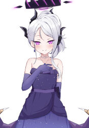 Rule 34 | 1girl, absurdres, bare shoulders, black halo, black horns, blue archive, blue dress, blue gloves, choker, closed mouth, demon wings, dress, earrings, elbow gloves, gloves, grey hair, halo, hand on own chest, highres, hina (blue archive), hina (dress) (blue archive), hina chan, horns, jewelry, looking at viewer, low wings, medium hair, necklace, official alternate costume, pink eyes, purple wings, simple background, smile, solo, white background, wings