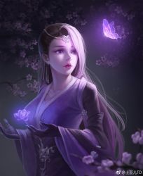 Rule 34 | 1girl, breasts, bug, butterfly, earrings, flower, glowing butterfly, grey background, highres, insect, jewelry, jian xia qing yuan (series), jianxia qingyuan (series), jianxia qingyuan online 3, long sleeves, medium breasts, outdoors, parted lips, purple butterfly, purple eyes, solo, standing, tiara, tudou td, upper body, watermark, wide sleeves